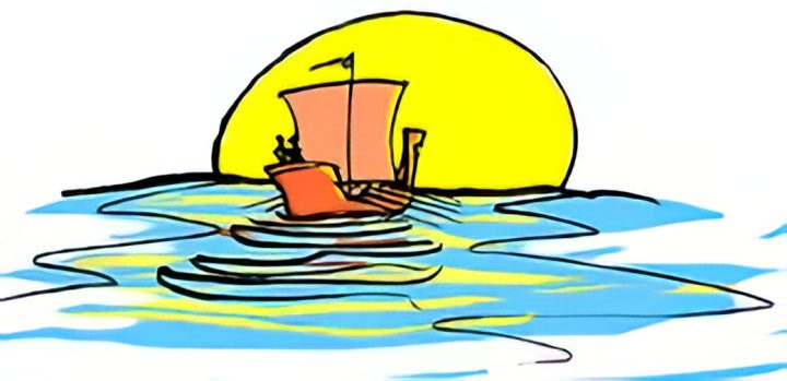 Illustration of the Argo and the Argonauts sailing into the sunset.