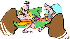 Illustration of King Pelias and Jason at a banquet.
