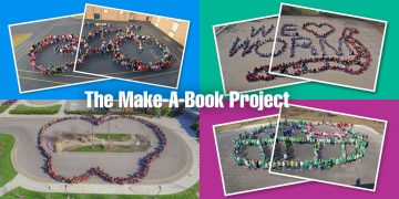 The Make-A-Book Project and author-in-residence program school photographs. Pictured here are all four of the aerial-view school photos. Kids standing in the shape of a bicycle, worm, butterfly and cupcake.