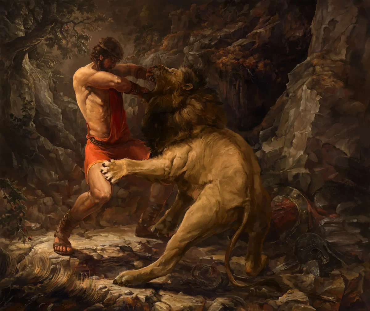 Hercules, stripped of his armor, fighting the Nemean lion.
