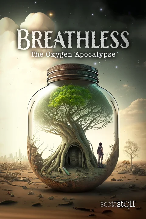 Breathless: The Oxygen Apocalypse. Book cover. An image of a man living inside a giant jar with the last tree on Earth. Outside is a dead world that has run out of oxygen.