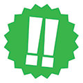 A green starburst with two exclamation points inside. 