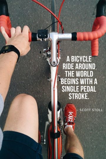 A man riding a bicycle looking down at the bike and the ground zooming past in this graphic treatment of the quote "A bicycle ride around the world begins with a single pedal stroke."