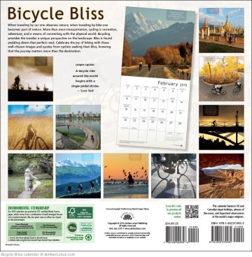 Bicycle Bliss Calendar back cover call out bike quote: A bicycle ride around the world begins with a single pedal stroke. Scott Stoll